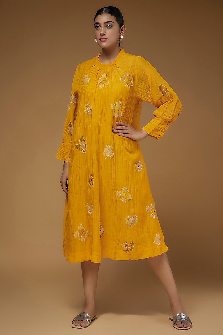 Yellow Cotton Frilled Dress by Vineet Rahul