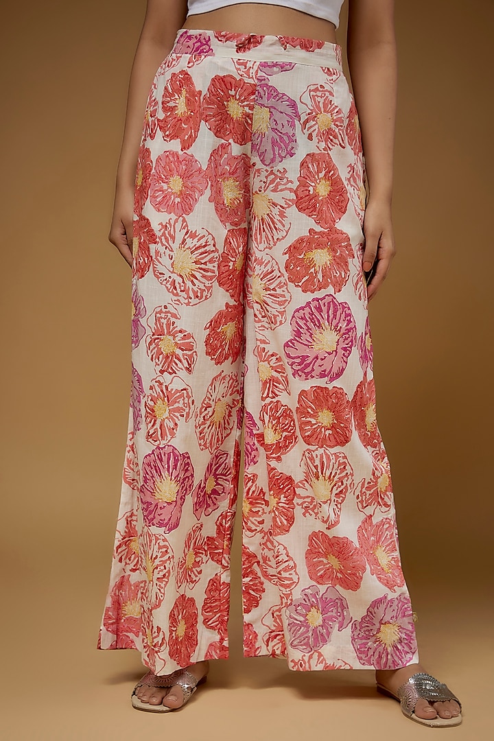 Ivory & Pink Cotton Flared Pants by Vineet Rahul