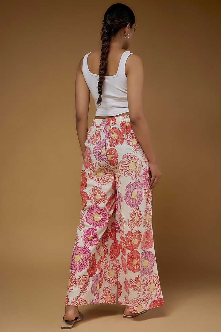 Ivory & Pink Cotton Flared Pants by Vineet Rahul at Pernia's Pop Up Shop