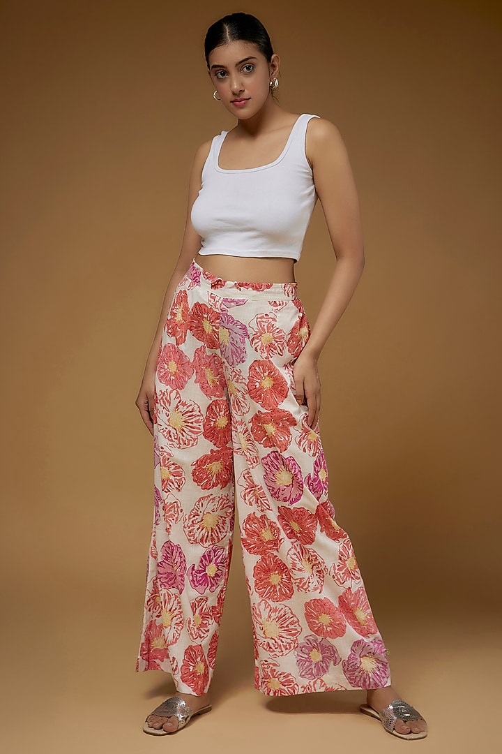 Ivory & Pink Cotton Flared Pants by Vineet Rahul at Pernia's Pop Up Shop