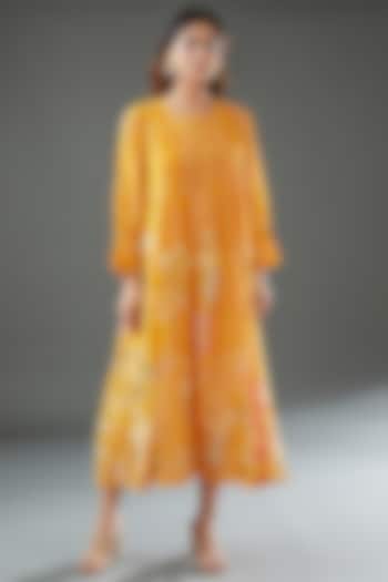 Yellow Silk Cotton Printed Midi Dress by Vineet Rahul