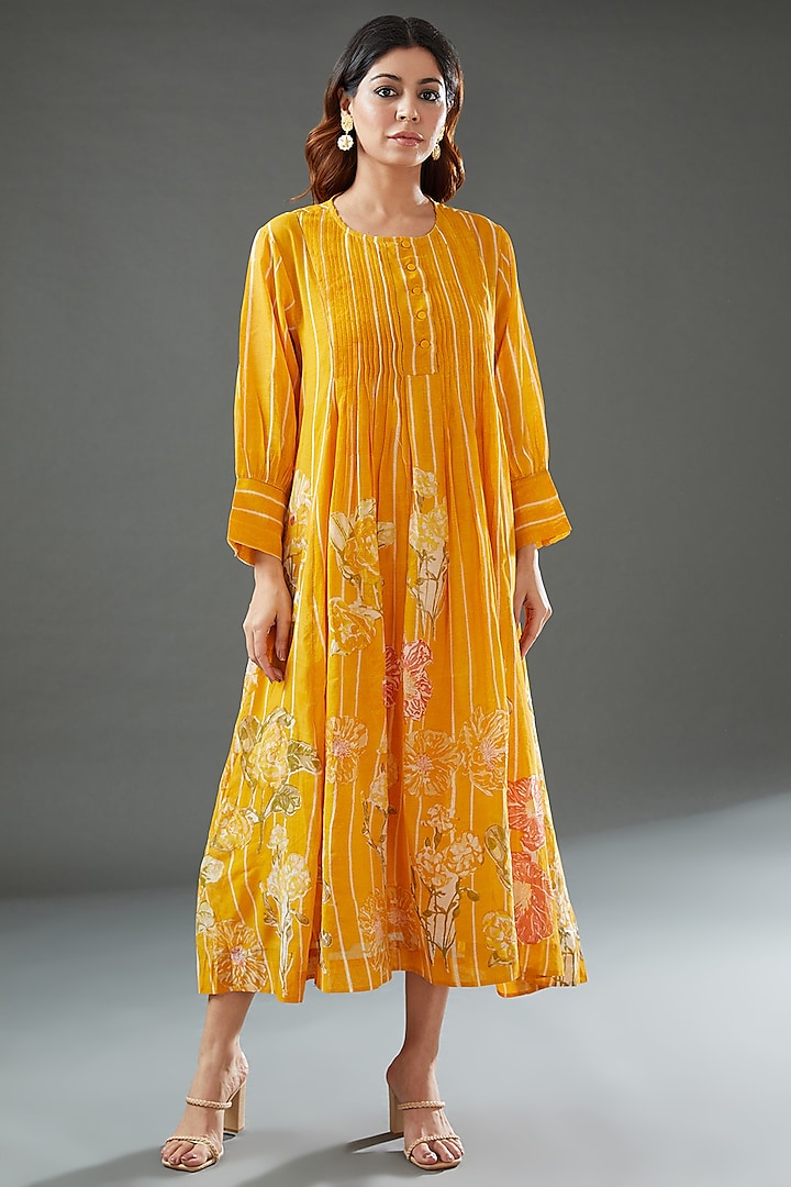 Yellow Silk Cotton Printed Midi Dress by Vineet Rahul
