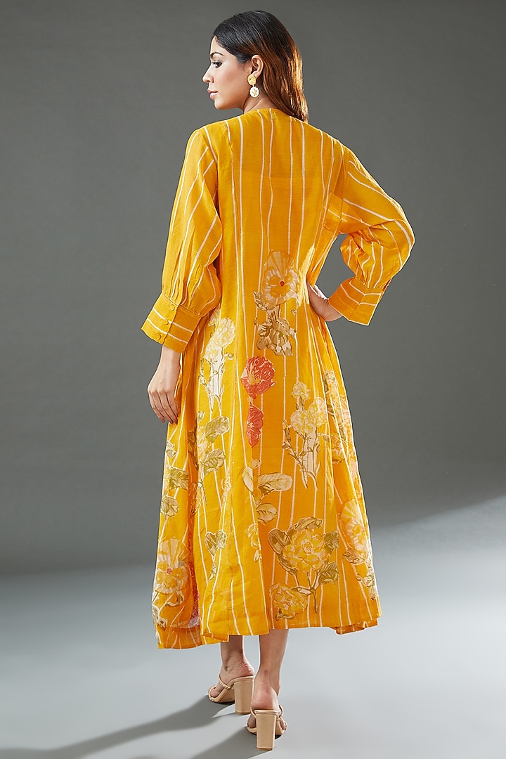 Yellow Silk Cotton Printed Midi Vacation Dress by Vineet Rahul at Pernia's Pop Up Shop