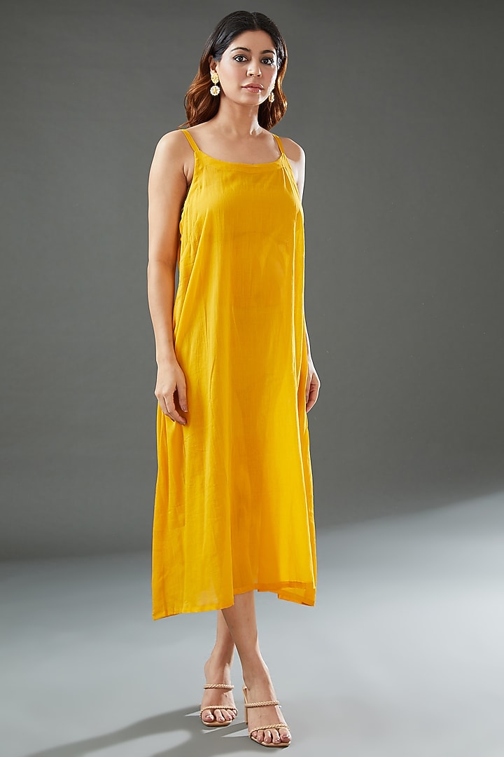 Yellow Silk Cotton Printed Midi Vacation Dress by Vineet Rahul at Pernia's Pop Up Shop