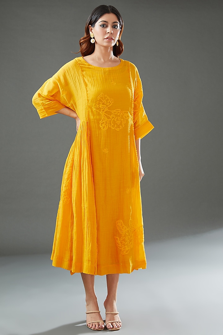 Yellow Silk Cotton Printed Midi Dress by Vineet Rahul at Pernia's Pop Up Shop