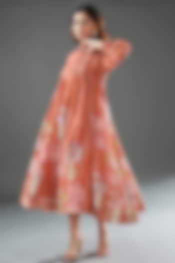 Orange Silk Cotton Printed Midi Dress by Vineet Rahul