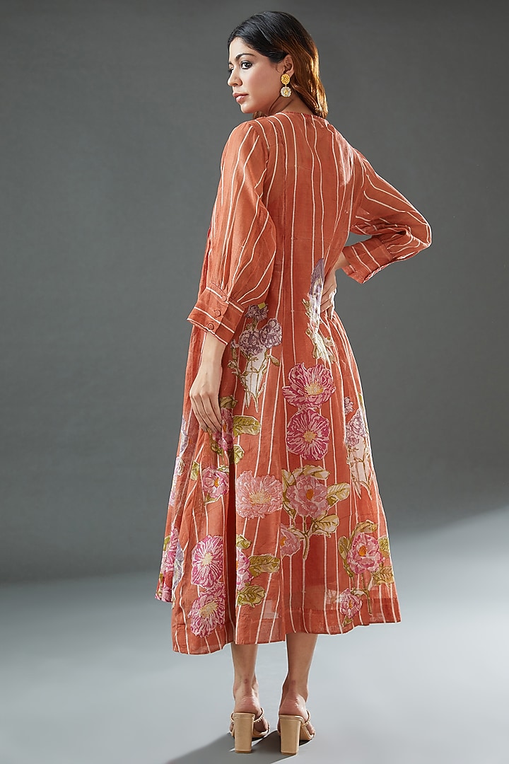 Orange Silk Cotton Printed Midi Vacation Dress by Vineet Rahul at Pernia's Pop Up Shop