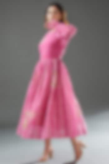 Pink Silk Cotton Printed Midi Dress by Vineet Rahul
