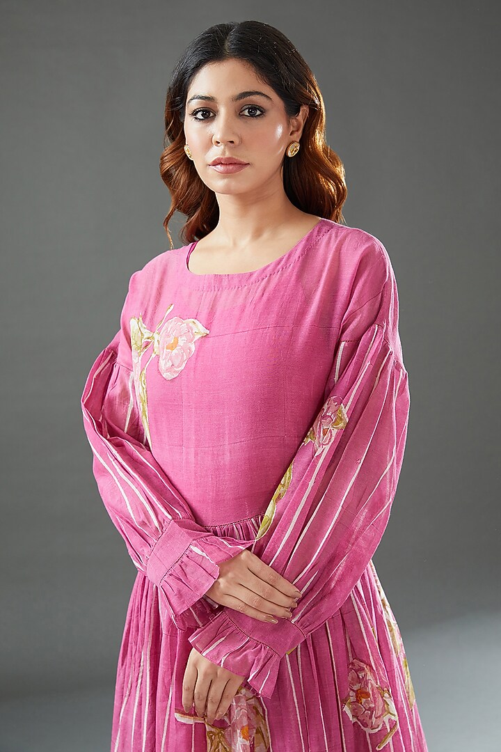 Pink Silk Cotton Printed Midi Vacation Dress by Vineet Rahul at Pernia's Pop Up Shop