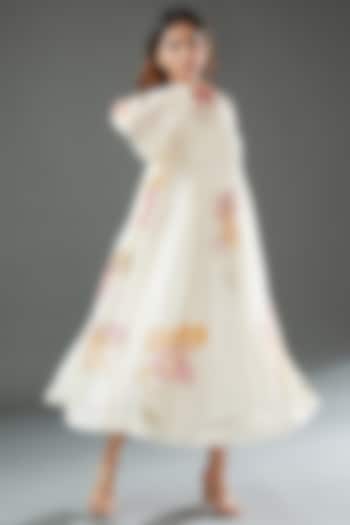 Ivory Silk Cotton Printed Midi Dress by Vineet Rahul