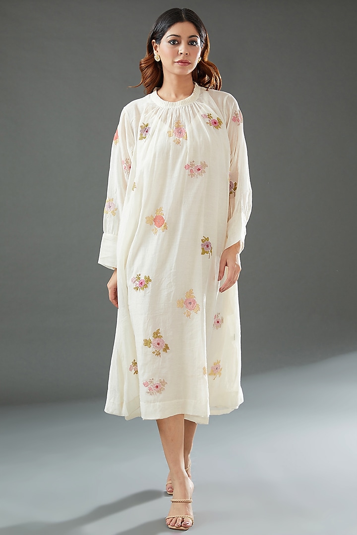 Ivory Silk Cotton Printed Midi Dress by Vineet Rahul