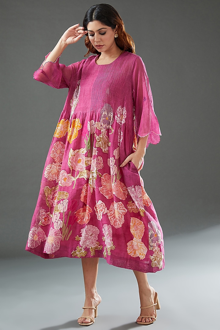 Pink Silk Cotton Printed Midi Dress by Vineet Rahul