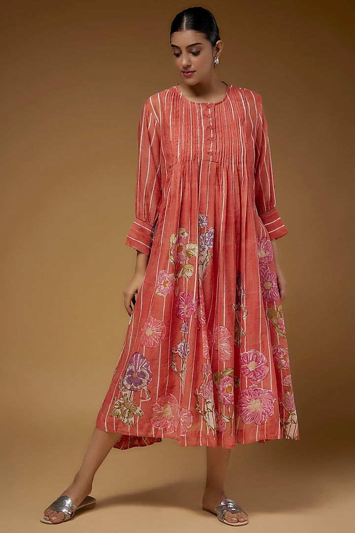 Orange Silk Cotton Midi Dress by Vineet Rahul