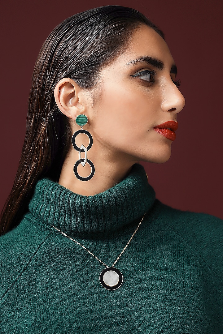 Gold Finish Malachite Enamelled Dangler Earrings by Varnika Arora at Pernia's Pop Up Shop