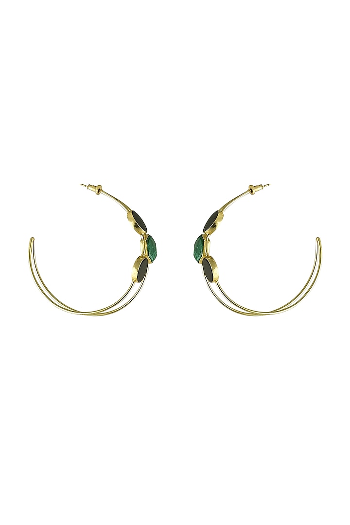 Gold Finish Black Onyx & Malachite Hoop Earrings by Varnika Arora