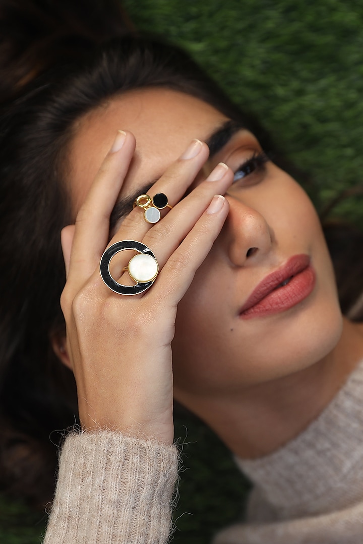Gold Finish Mother Of Pearl & Black Onyx Ring by Varnika Arora