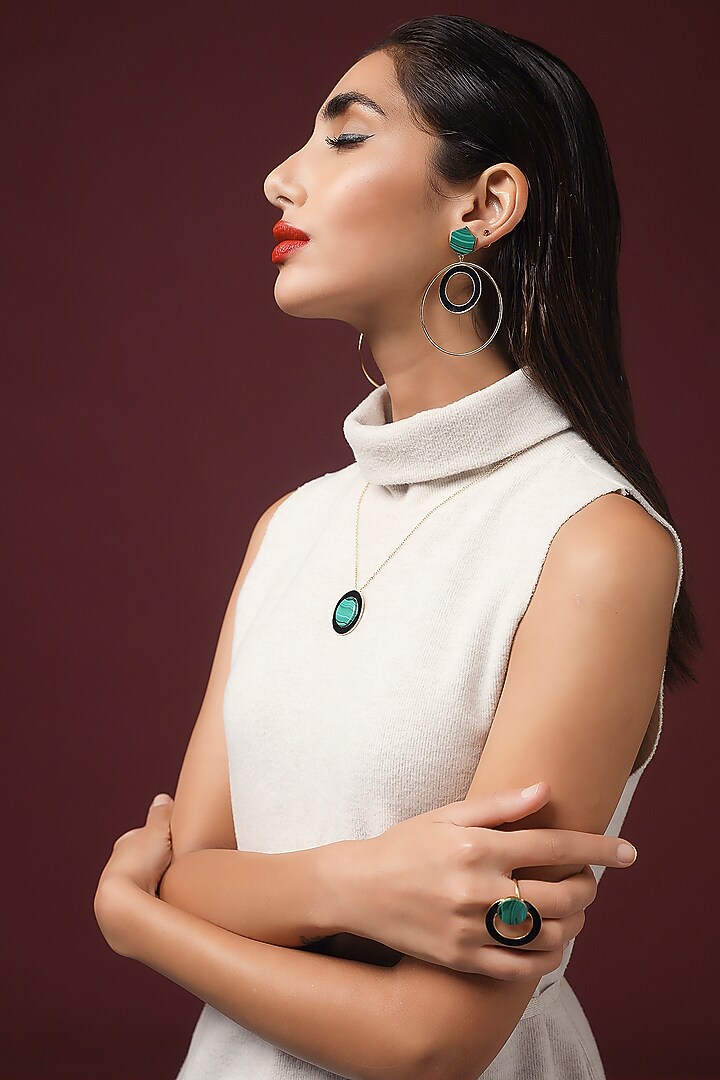 Gold Finish Malachite Enamelled Necklace by Varnika Arora at Pernia's Pop Up Shop