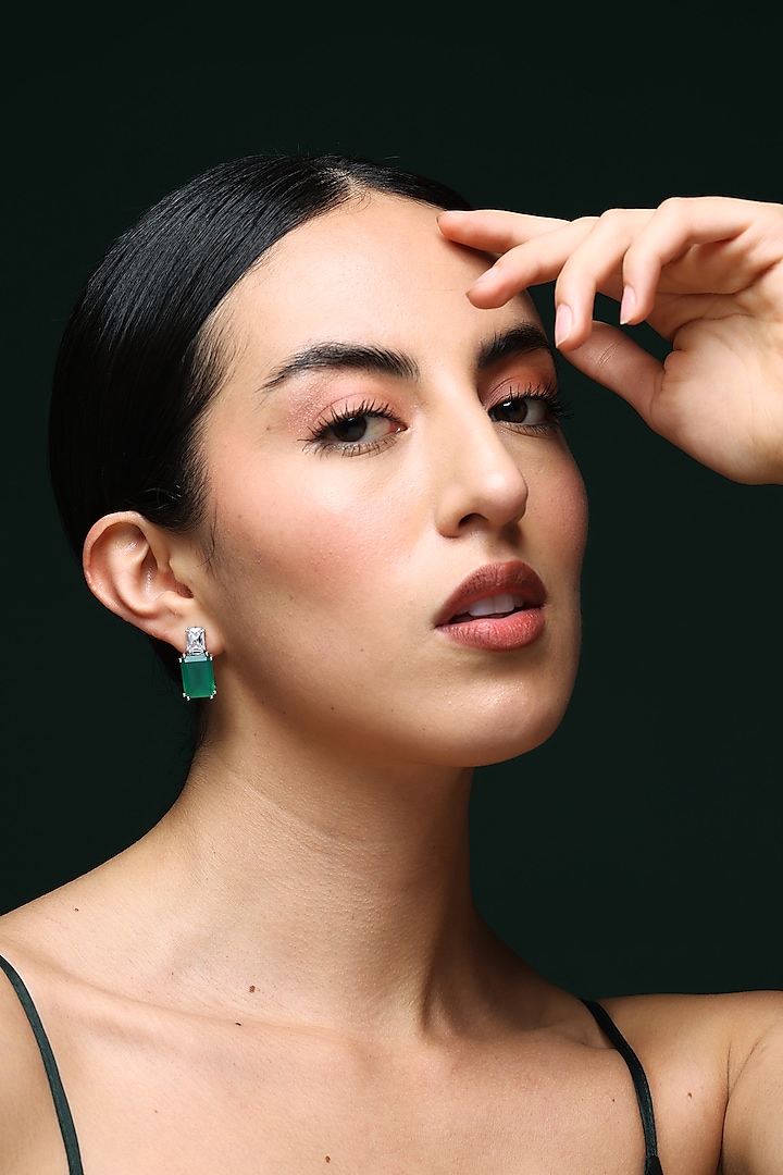 White Finish Baguette Zircon & Green Onyx Handcrafted Stud Earrings by Varnika Arora at Pernia's Pop Up Shop