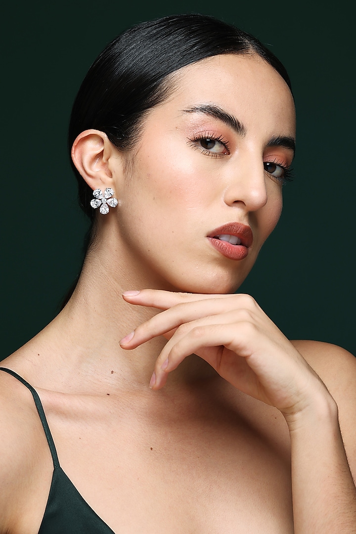 White Finish Round & Pear-Shaped Zircon Handcrafted Stud Earrings by Varnika Arora at Pernia's Pop Up Shop