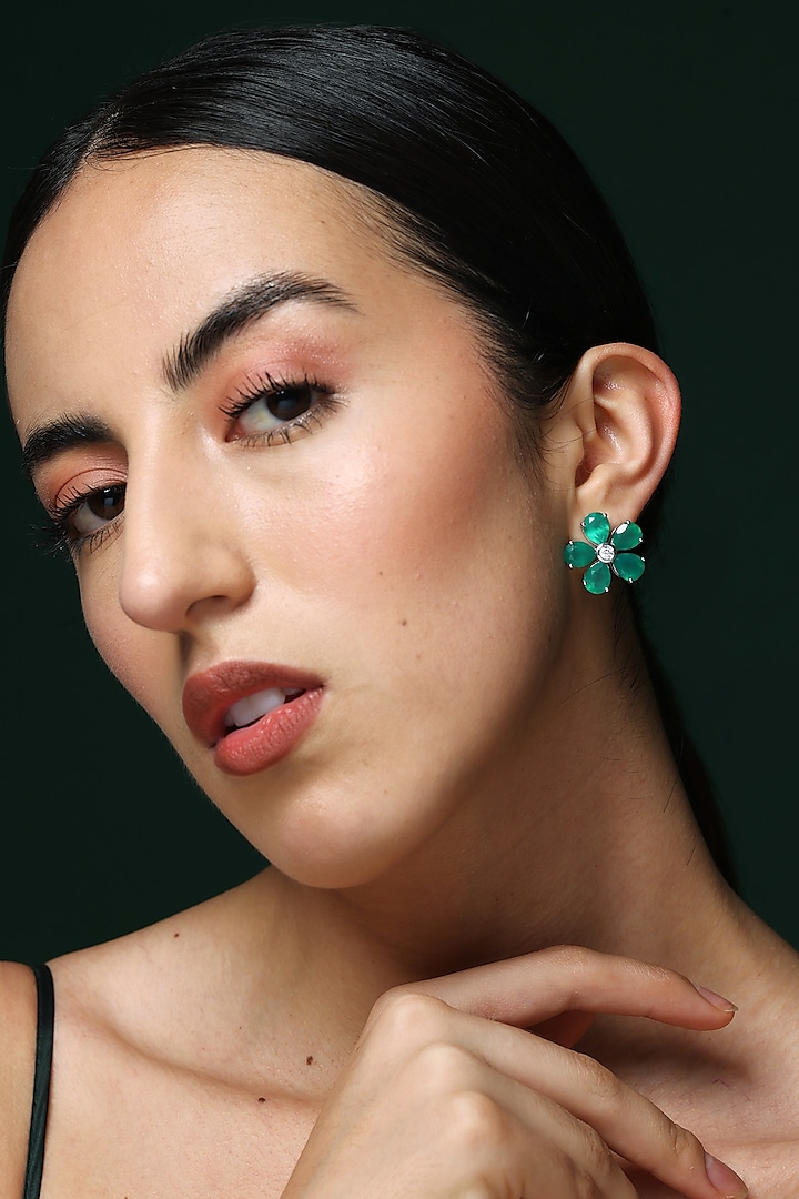 White Finish Round Zircon & Pear-Shaped Green Onyx Handcrafted Hoop Earrings by Varnika Arora at Pernia's Pop Up Shop