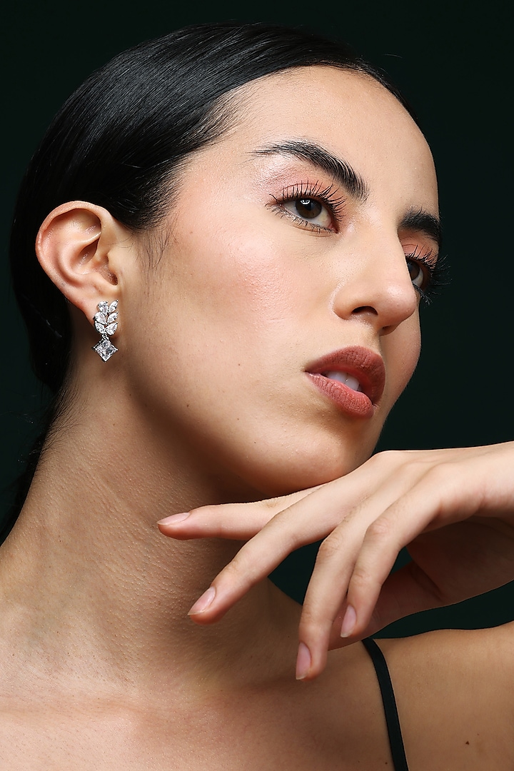 White Finish Square & Marquise-Cut Zircon Handcrafted Dangler Earrings In Sterling Silver by Varnika Arora at Pernia's Pop Up Shop