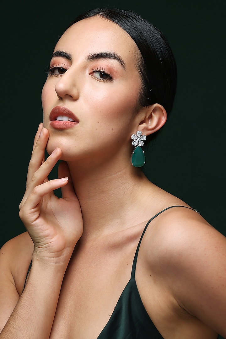 White Finish Pear-Shaped Zircon & Green Onyx Handcrafted Stud Earrings by Varnika Arora at Pernia's Pop Up Shop