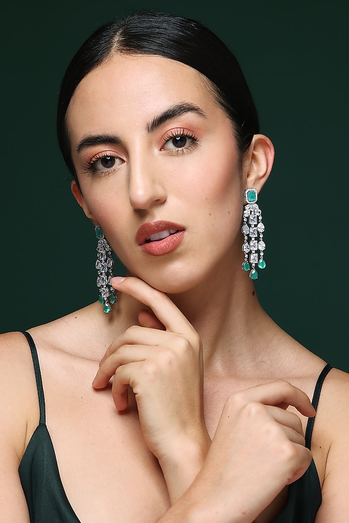 White Finish Zircon & Green Stone Handcrafted Dangler Earrings by Varnika Arora at Pernia's Pop Up Shop