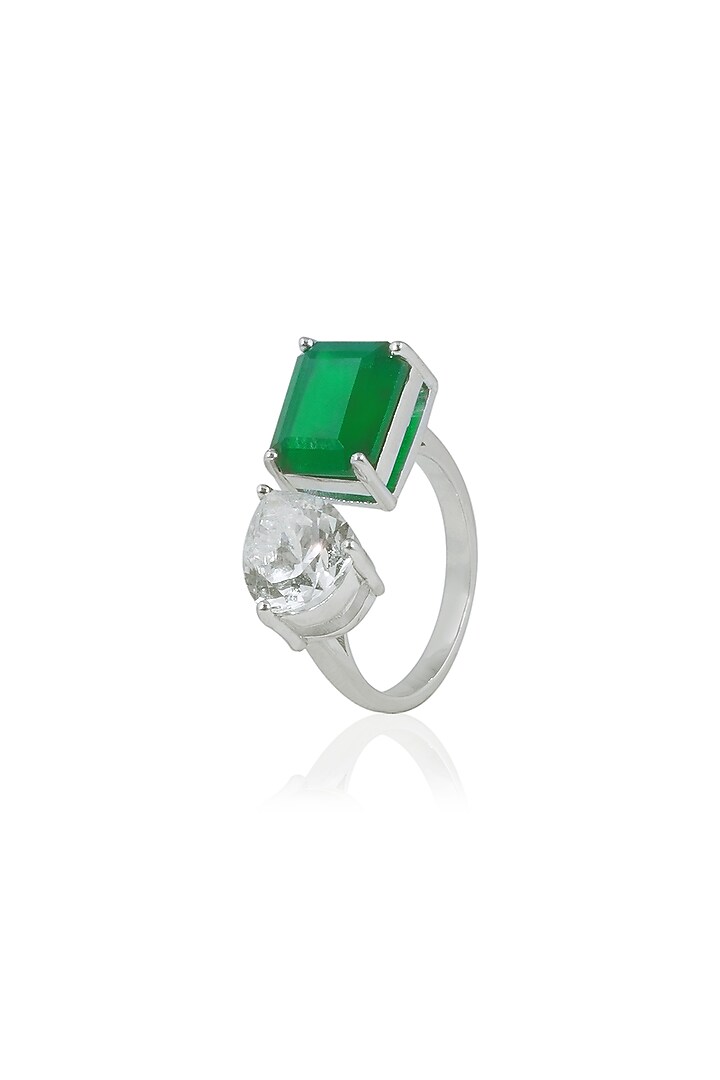 White Finish Pear-Shaped Zircon & Octagon Green Onyx Handcrafted Ring by Varnika Arora at Pernia's Pop Up Shop