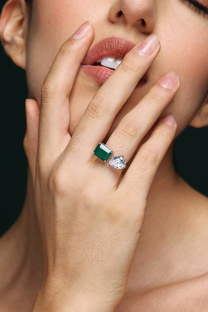 White Finish Pear-Shaped Zircon & Octagon Green Onyx Handcrafted Ring by Varnika Arora at Pernia's Pop Up Shop
