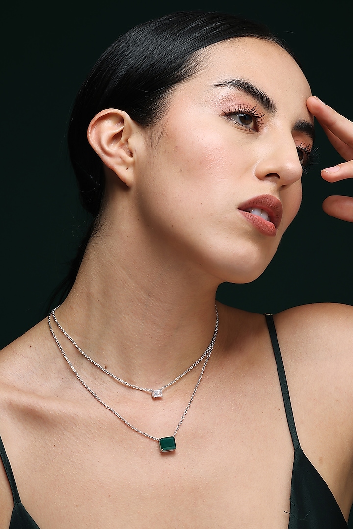 White Finish Baguette Zircon & Green Onyx Handcrafted Layered Necklace by Varnika Arora at Pernia's Pop Up Shop