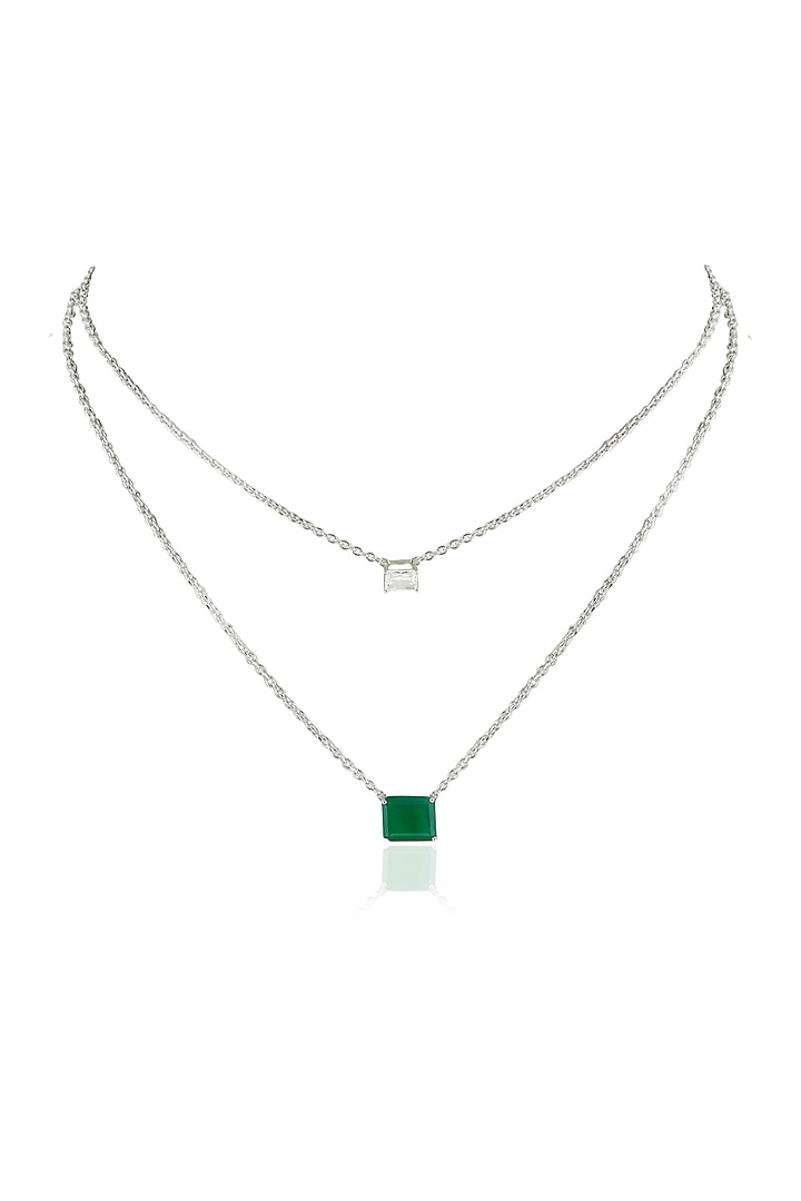 White Finish Baguette Zircon & Green Onyx Handcrafted Layered Necklace by Varnika Arora at Pernia's Pop Up Shop