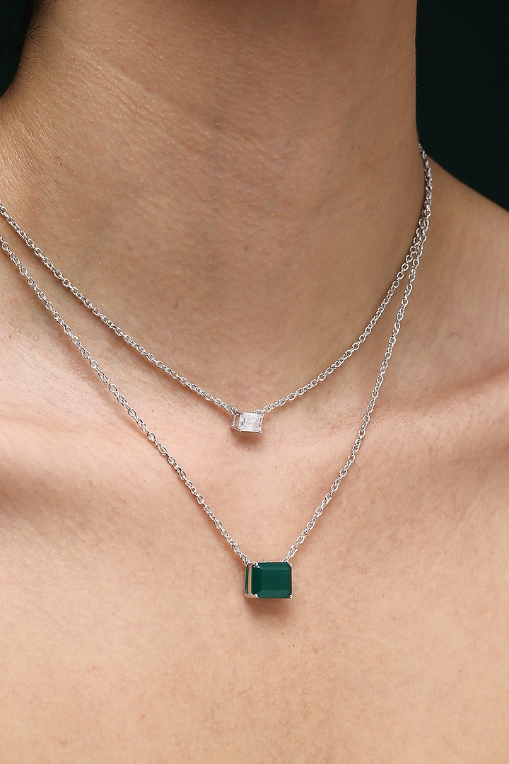 White Finish Baguette Zircon & Green Onyx Handcrafted Layered Necklace by Varnika Arora at Pernia's Pop Up Shop