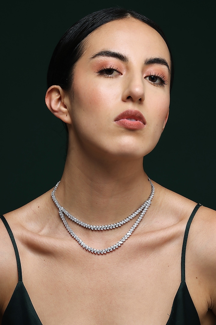 White Finish Zircon Handcrafted Layered Necklace by Varnika Arora at Pernia's Pop Up Shop