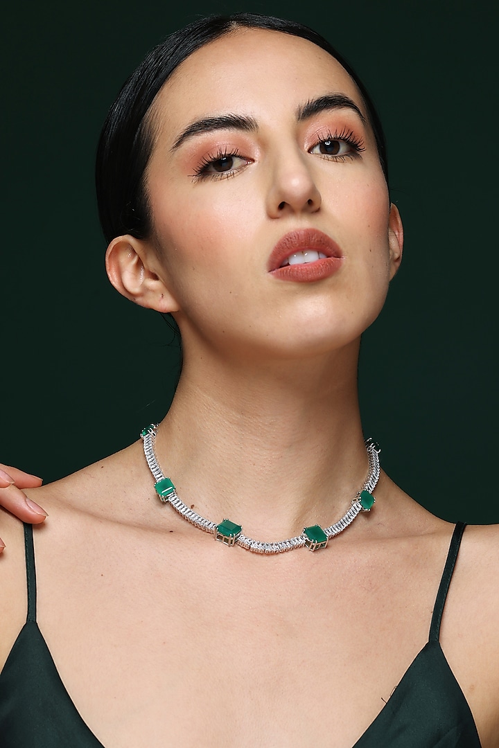 White Finish Square Octagon Emerald Green Stone Handcrafted Necklace by Varnika Arora at Pernia's Pop Up Shop