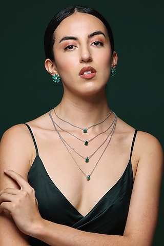 White Finish Pear-Shaped Zircon & Emerald Stone Handcrafted Layered Necklace by Varnika Arora
