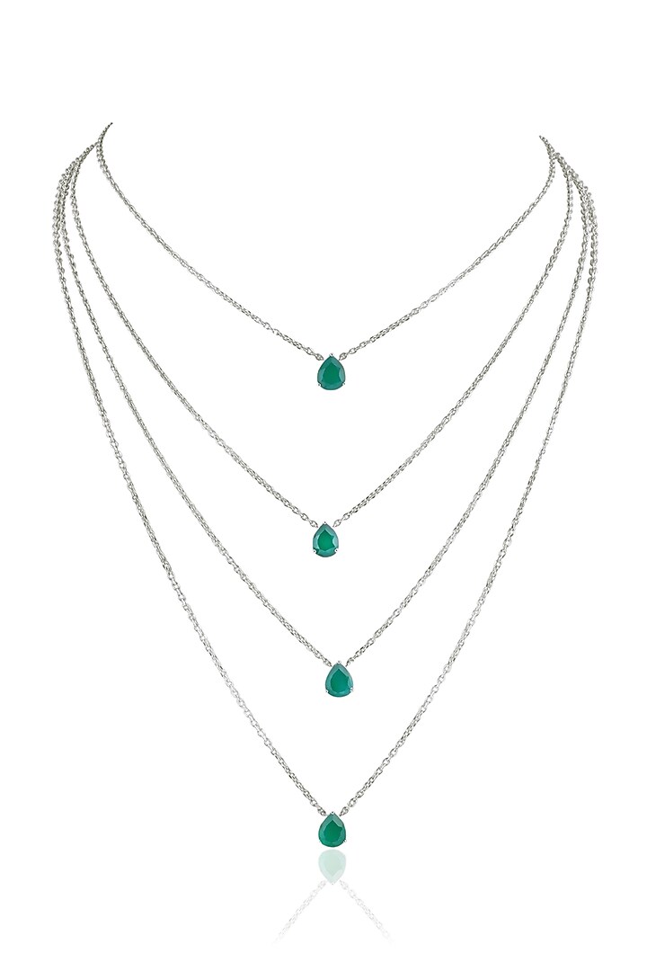 White Finish Pear-Shaped Zircon & Emerald Stone Handcrafted Layered Necklace by Varnika Arora at Pernia's Pop Up Shop