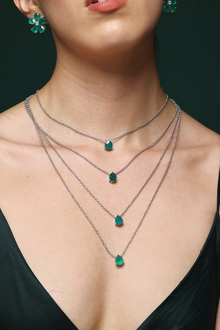 White Finish Pear-Shaped Zircon & Emerald Stone Handcrafted Layered Necklace by Varnika Arora at Pernia's Pop Up Shop