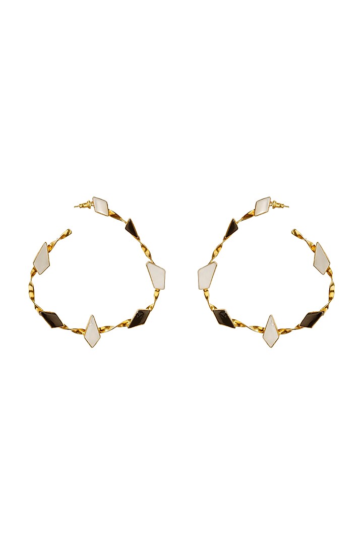 Gold Finish Onyx & Mother of Pearl Hoop Earrings by Varnika Arora