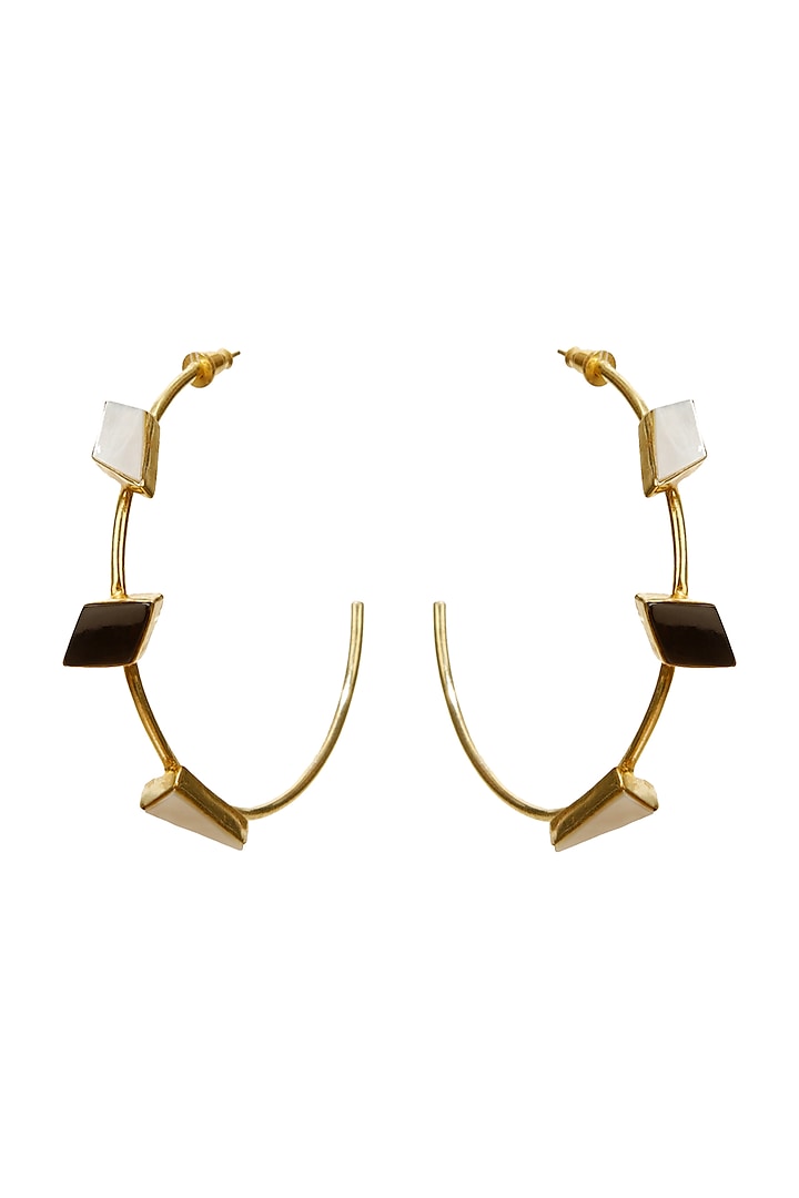 Gold Finish Onyx & Pearl Alloy Hoop Earrings by Varnika Arora
