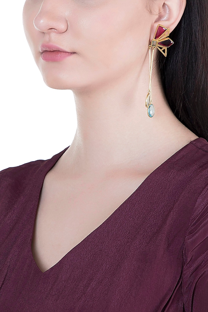 Gold Plated Handmade Pink Quartz, White MOP, Blue Topaz & Green Amethyst Checkered Earrings by Varnika Arora