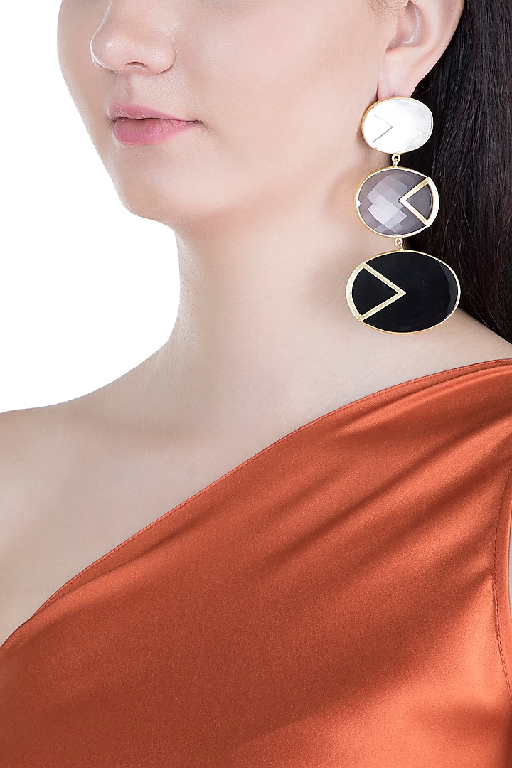 Gold Plated Handmade Grey Onyx, Black Onyx & White Mop Earrings by Varnika Arora