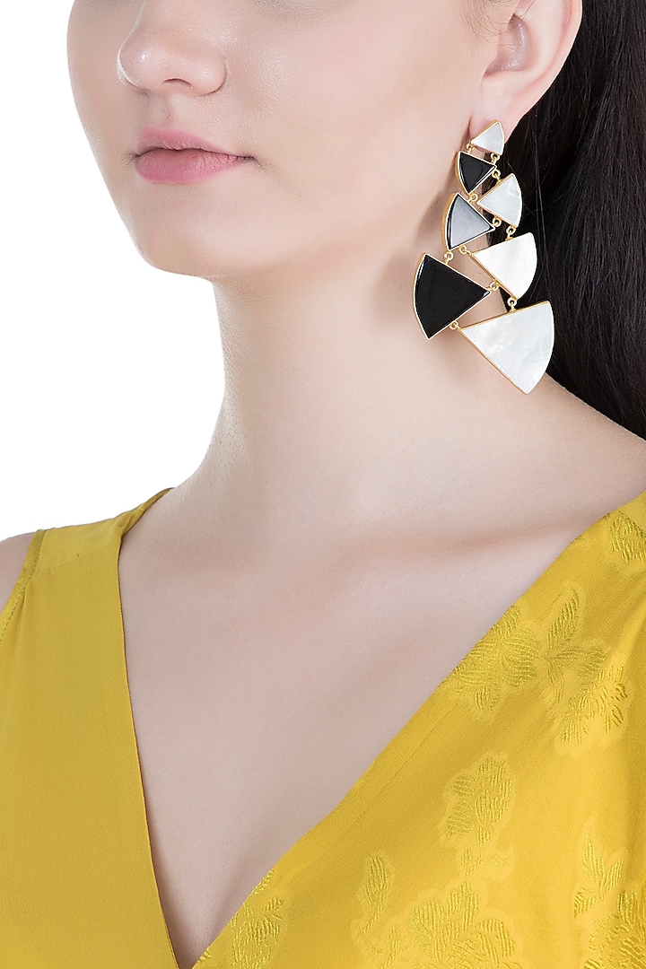 Gold Plated Handmade Black Onyx & White MOP Long Earrings by Varnika Arora