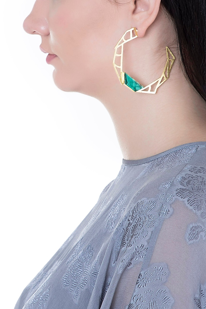 Gold Plated Handmade Malachite Stone Hoop Earrings by Varnika Arora at Pernia's Pop Up Shop