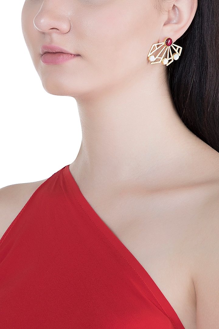 Gold Plated Handmade Pink Quartz & White MOP Stud Earrings by Varnika Arora