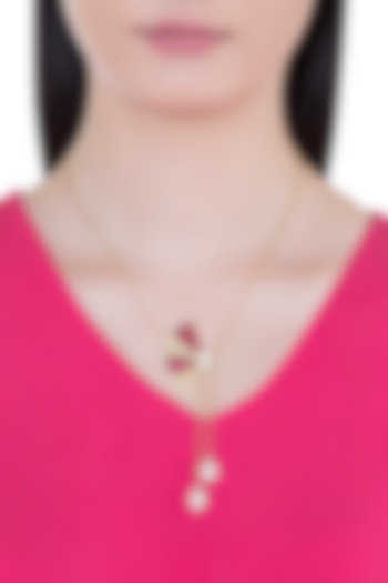 Gold Plated Handmade Pink Quartz & White MOP Necklace by Varnika Arora