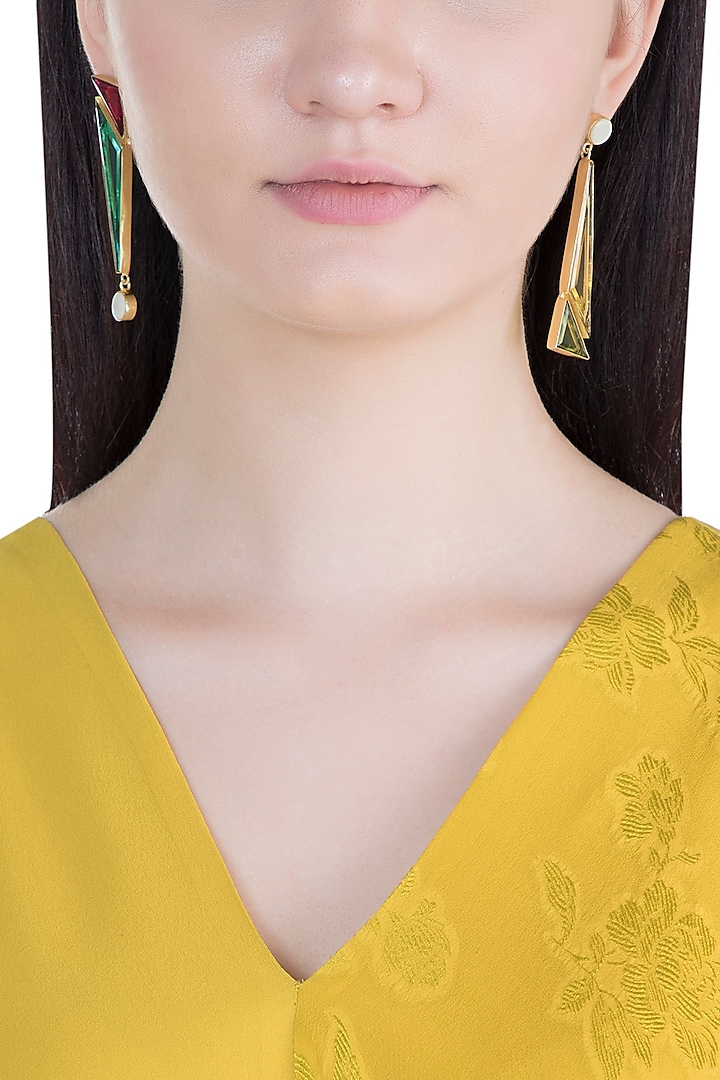 Gold Plated Handmade Pink Quartz & Emerald Geometric Earrings by Varnika Arora