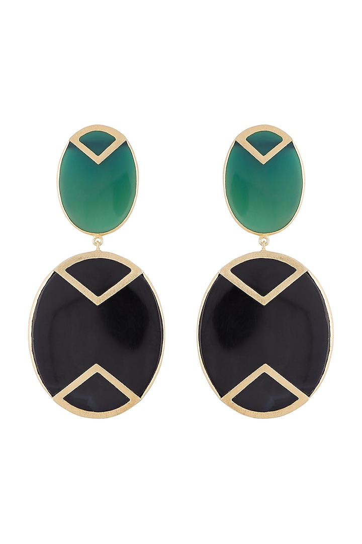 Gold Plated Handmade Green & Black Onyx Geometric Earrings by Varnika Arora at Pernia's Pop Up Shop