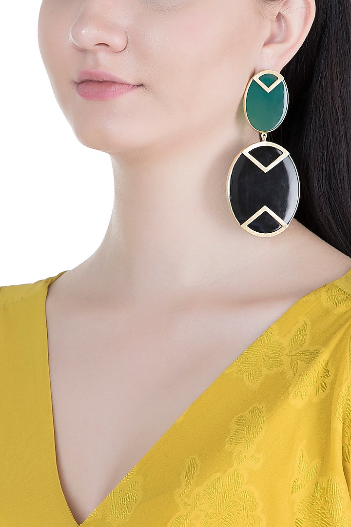 Gold Plated Handmade Green & Black Onyx Geometric Earrings by Varnika Arora