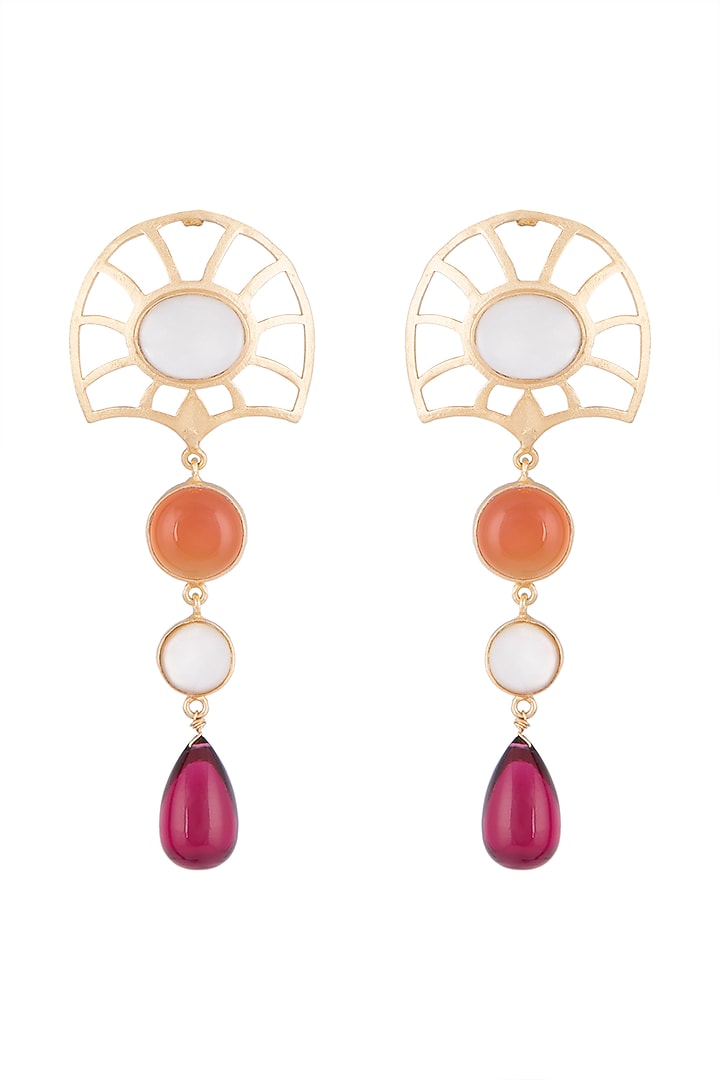 Gold Plated Handmade White MOP, Carnelian & Hydro Pink Drop Earrings by Varnika Arora at Pernia's Pop Up Shop
