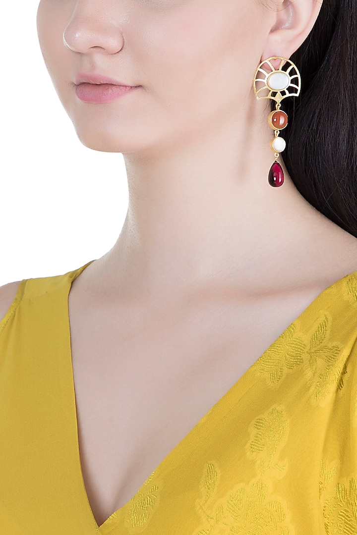 Gold Plated Handmade White MOP, Carnelian & Hydro Pink Drop Earrings by Varnika Arora at Pernia's Pop Up Shop